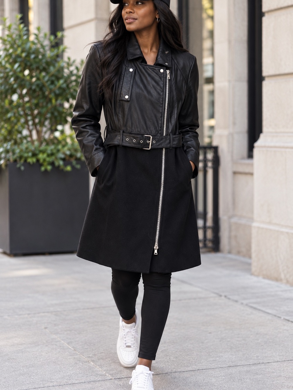 🖤MAKE OFFER🖤 EDUN Black Lamb Leather Wool Moto Trench Coat Jacket Buckle Sz Med